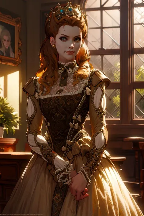 annahenrietta, high hair, dress, slight smile, neutral facial expression, looking at viewer, sunlight, indoors, best quality, <lora:annahenrietta:0.7>