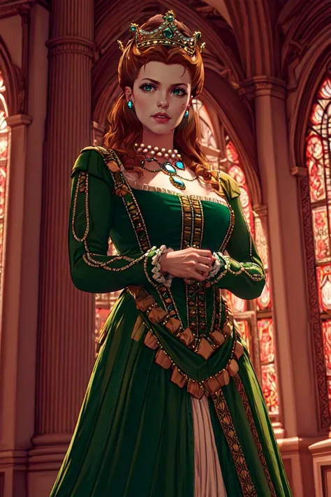 annahenrietta, upper body, green dress, brown eyes, high hair, crown, long skirt, necklace, jewelry, indoors, opulent palace hallway, window, marble, standing, sunlight, looking at viewer, best quality, <lora:annahenrietta:0.7>