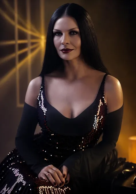 morticia adams (sharp focus:1.2), photo, attractive young woman, (beautiful face:1.1), detailed eyes, luscious lips, (natural makeup:0.85), (medium breasts:1.0), (petite body:1.2), (short hair:1.2), wearing (sequin dress:1.2) in a (nightclub:1.2). (moody lighting:1.2), depth of field, bokeh, 4K, HDR. by (James C. Christensen:1.2|Jeremy Lipking:1.1).