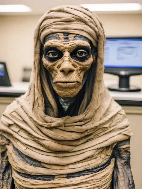 an egyptian mummy as a clerk at the dmv, realistic
