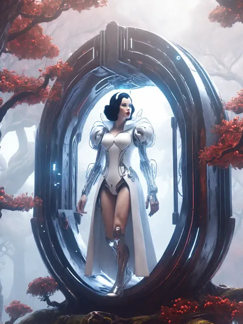a cyborg snow white stepping out of a portal in a sci-fi apple tree, futuristic, cyberpunk realistic
