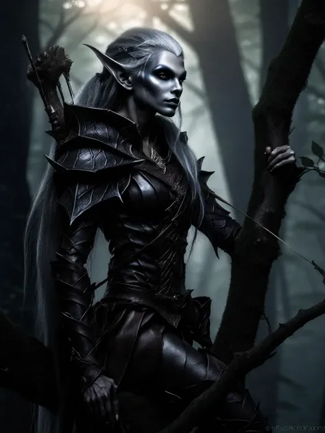 a female dark elf ranger perched on a tree limb in a majestic elven forest, holding a bow, realistic