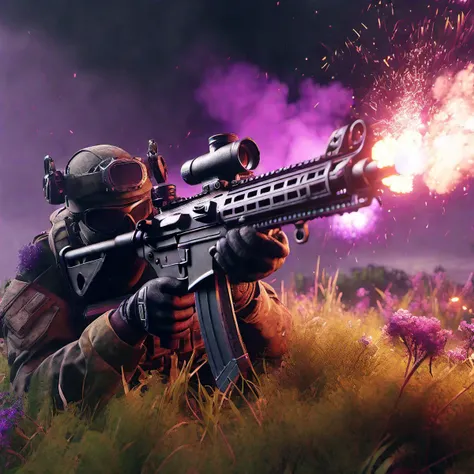 ((masterpiece)), ((best quality)), 8k, high detailed, ultra-detailed FN Minimi overgrown, lost to time, forgotten. Bright explosions and purple mist in background, Trending on Artstation, octane render, cinematic lighting from the right, hyper realism, octane render, 8k, depth of field, 3D