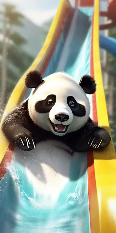 <lora:DreamARTSDXL:.8> a happy panda bear sliding down a waterslide, realistic