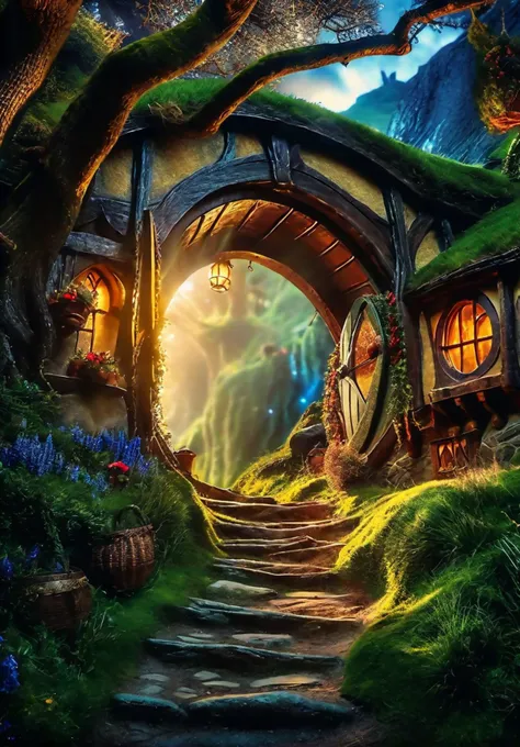 cinematic film still An enchanting photo shoot of another dimension" of the magical fantastical land of Hobbit. The composition captures the dreamy and ethereal essence of this realm, where lush landscapes, charming villages, and whimsical creatures come to life. The scene is bathed in soft, otherworldly light that evokes a sense of wonder and enchantment. (Dreamlike Fantasia:1.4), (Ethereal Landscape:1.3), (Whimsical Charm:1.2), (Magical Realism:1.2), art inspired by J.R.R. Tolkien's Middle-earth and fantasy landscapes, (Highly detailed, amazing fantasy setting), (Shiny Impressive lighting), (Colorful, Ultra stylized, High quality, Highly detailed, Sharp, 8K UHD), (trending on artstation),(space_style:0.6), cosmic outer space, aerial photograph, (masterpiece,best quality:1.5) . shallow depth of field, vignette, highly detailed, high budget, bokeh, cinemascope, moody, epic, gorgeous, film grain, grainy
