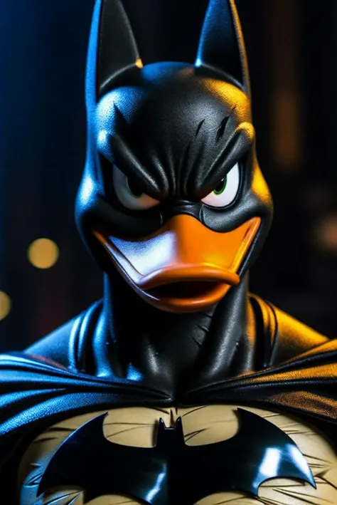 masterpiece, 8k UHD, Daffy duck as Batman with white eyes, (real life photo), upper body, torso,