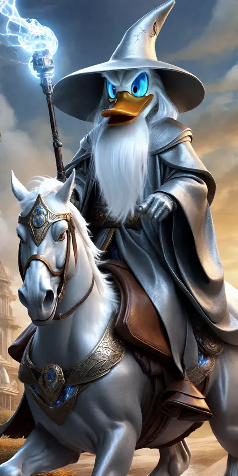 donald duck as a cyborg style gandalf riding a horse, realistic <lora:cyborg_style_xl:.8>