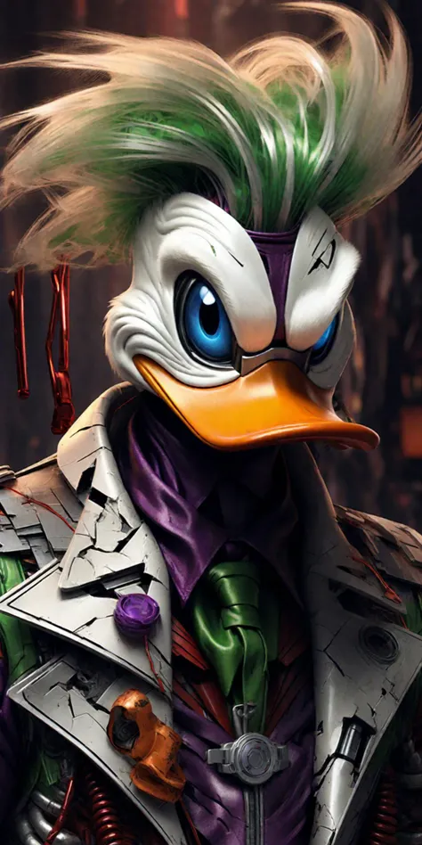 donald duck as a cyborg style joker, realistic <lora:cyborg_style_xl:.8>