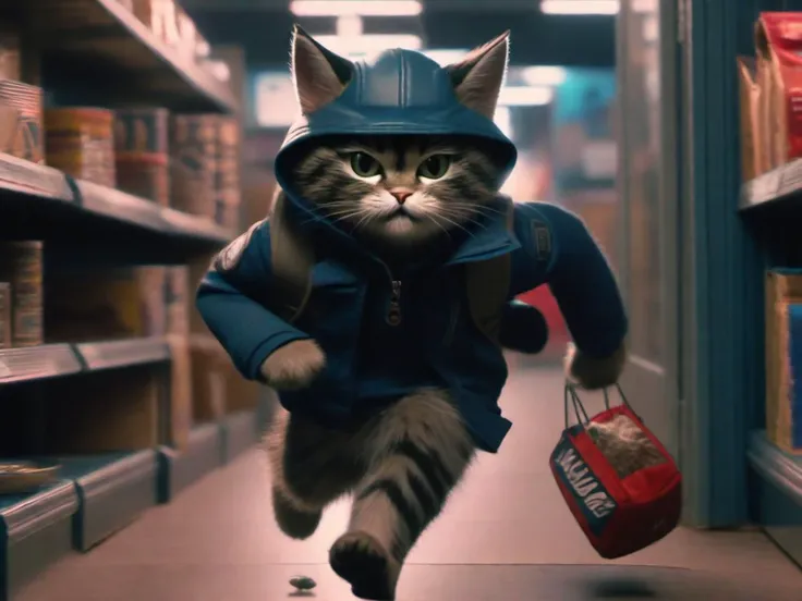 shs, <lora:wolfcon-XL:1> wolfcon, A cool cat thief in a cap, breaks door, pet store, scattered cat food, runs out with a bag in his paws, at night, soft lighting, masterpiece, best quality, rhigh-quality, ultra-high details, 8k uhd