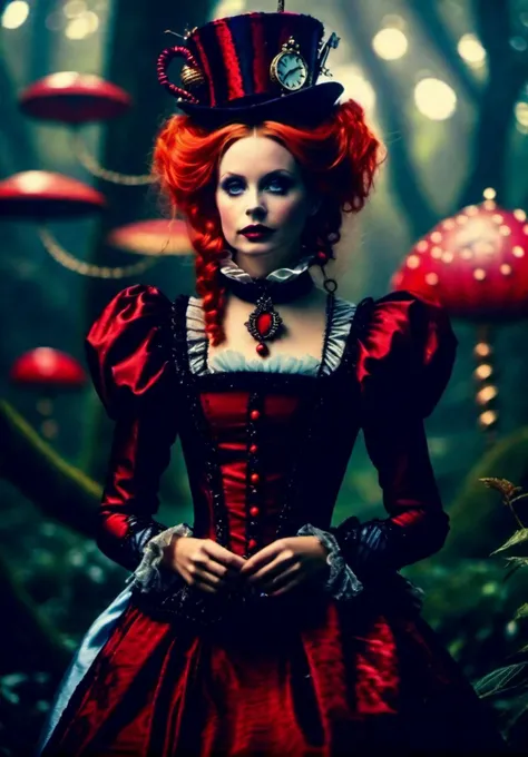 cinematic film still A mesmerizing photo shoot of red queen, Alice in Wonderland character, against a magical fantastical dreamland backdrop, a fantastical world where Alice's journey takes on an enchantingly eerie quality, ((Bioluminescent flying)) creatures illuminate the scene with their ethereal glow, adding an otherworldly element to the familiar tale. (Ethereal Wonderland:1.4), (Mystical Atmosphere:1.3), (Dark Enchantment:1.2), (Fantasy Realism:1.2), art inspired by Lewis Carroll's classic and dark fantasy aesthetics.(space_style:0.6), cosmic outer space, Unsplash contest winner, 16k resolution, 300 dpi, 600 dpi, 4k, Contest winner, High definition, detailed, realistic, 8k uhd, high quality, (masterpiece,best quality:1.5) . shallow depth of field, vignette, highly detailed, high budget, bokeh, cinemascope, moody, epic, gorgeous, film grain, grainy