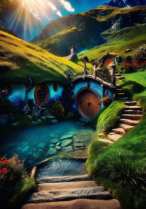 cinematic film still An enchanting photo shoot of another dimension" of the magical fantastical land of Hobbit, fairy dust:1.2, The composition captures the dreamy and ethereal essence of this realm, where lush landscapes, charming villages, and whimsical creatures come to life. The scene is bathed in soft, otherworldly light that evokes a sense of wonder and enchantment. (Dreamlike Fantasia:1.4), (Ethereal Landscape:1.3), (Whimsical Charm:1.2), (Magical Realism:1.2), art inspired by J.R.R. Tolkien's Middle-earth and fantasy landscapes, (Highly detailed, amazing fantasy setting), (Shiny Impressive lighting), (Colorful, Ultra stylized, High quality, Highly detailed, Sharp, 8K UHD), (trending on artstation),(space_style:0.6), cosmic outer space, astrophotography, (masterpiece,best quality:1.5) . shallow depth of field, vignette, highly detailed, high budget, bokeh, cinemascope, moody, epic, gorgeous, film grain, grainy
