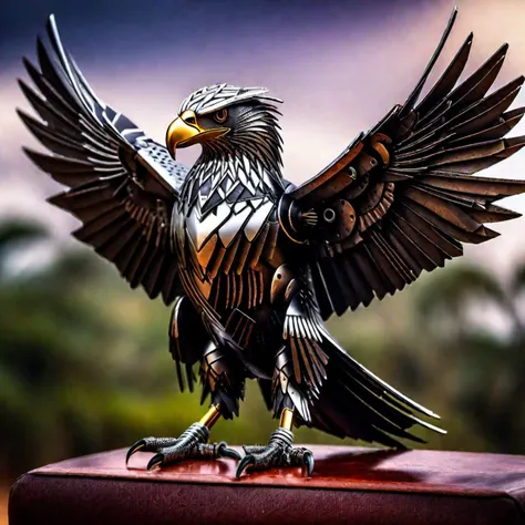 a cute African Fish Eagle made out of metal, (cyborg:1.1), ([tail | detailed wire]:1.3), (intricate details), hdr, (intricate details, hyperdetailed:1.2), cinematic shot, vignette, centered,