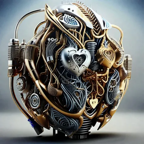 (RAW photo, 8k uhd, masterpiece, high res, intricate, professional) An organic motor shaped like a human heart constructed of magnesium built with many fins and valves, electrical wiring and slightly colored titanium exhaust pipes, matte with baked finish in some places, they are dirty and contaminated with oil, white background <lora:AetherPunkAI:1>
