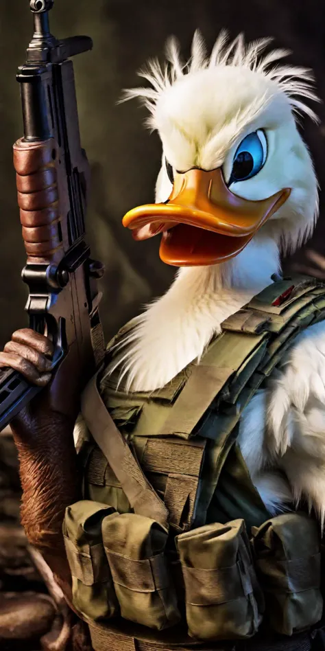 <lora:DreamARTSDXL:.8> donald the duck as rambo , realistic
