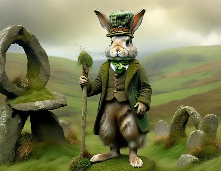 6 foot, standing, slender, Pooka Irish rabbit, wearing Irish plaid peaky cap, emerald green tinge fur, rolling moss covered hills, standing inside a stone circle on the ground, background fairies flying