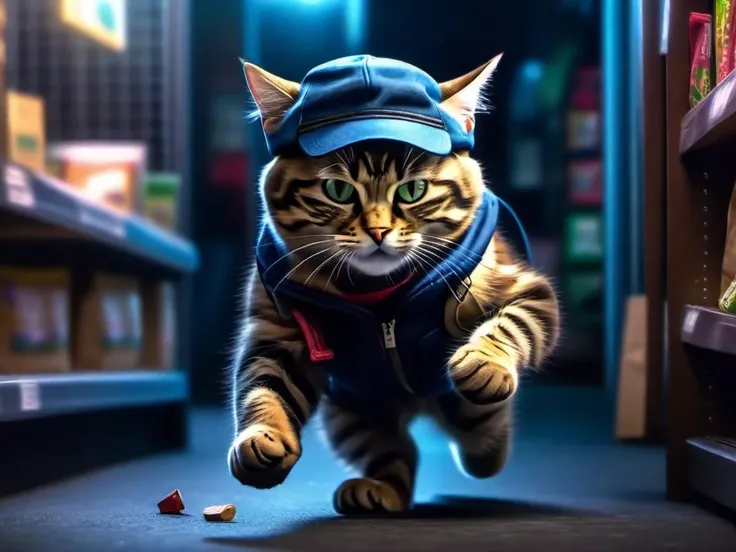 A cool cat thief in a cap, breaks door, pet store, scattered cat food, runs out with a bag in his paws, at night, soft lighting, masterpiece, best quality, rhigh-quality, ultra-high details, 8k uhd