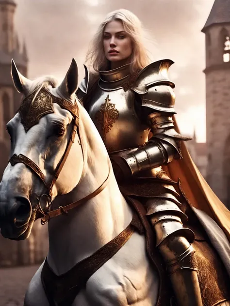 a beautiful female paladin knight wearing full armor and riding a horse into a medieval town, realistic
