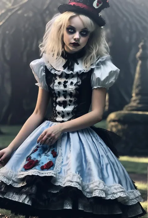 Stunningly Beautiful Gothic Alice in Wonderland, A Dream World, Detailed Face, Detailed Body, Gothic Dreamlike Fantasy, Realistic Shadows, Perfect Quality, Photorealistic, Most Beautiful, ruffled skirt