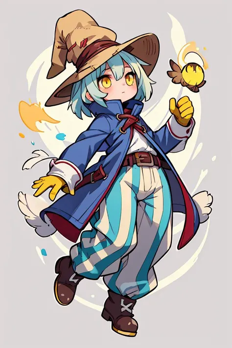 (masterpiece, best quality), 1girl, beautiful face, beautiful body, <lora:viviornitier-lora-nochekaiser:0.8> vivi ornitier, baggy pants, belt buckle, blue coat, boots, brown footwear, brown gloves, buckle, coat, gloves, hat, hat belt, high collar, pants, striped, striped pants, wizard hat, (yellow eyes:1.5), yellow headwear,