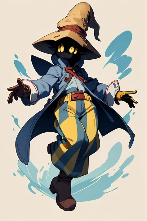 (masterpiece, best quality), 1girl, beautiful face, beautiful body, <lora:viviornitier-lora-nochekaiser:0.8> vivi ornitier, baggy pants, belt buckle, blue coat, boots, brown footwear, brown gloves, buckle, coat, gloves, hat, hat belt, high collar, pants, striped, striped pants, wizard hat, (yellow eyes:1.5), yellow headwear,