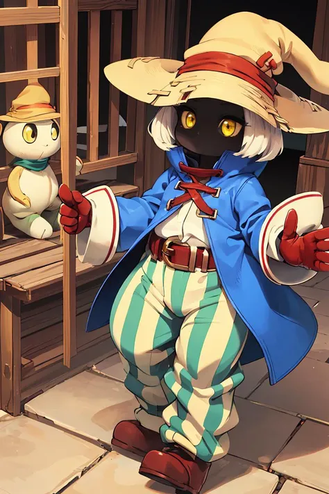(masterpiece, best quality), 1girl, beautiful face, beautiful body, <lora:viviornitier-lora-nochekaiser:0.8> vivi ornitier, baggy pants, belt buckle, blue coat, boots, brown footwear, brown gloves, buckle, coat, gloves, hat, hat belt, high collar, pants, striped, striped pants, wizard hat, (yellow eyes:1.5), yellow headwear,