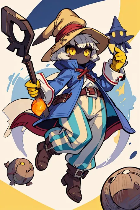 (masterpiece, best quality), 1girl, beautiful face, beautiful body, <lora:viviornitier-lora-nochekaiser:0.8> vivi ornitier, baggy pants, belt buckle, blue coat, boots, brown footwear, brown gloves, buckle, coat, gloves, hat, hat belt, high collar, pants, striped, striped pants, wizard hat, (yellow eyes:1.5), yellow headwear,