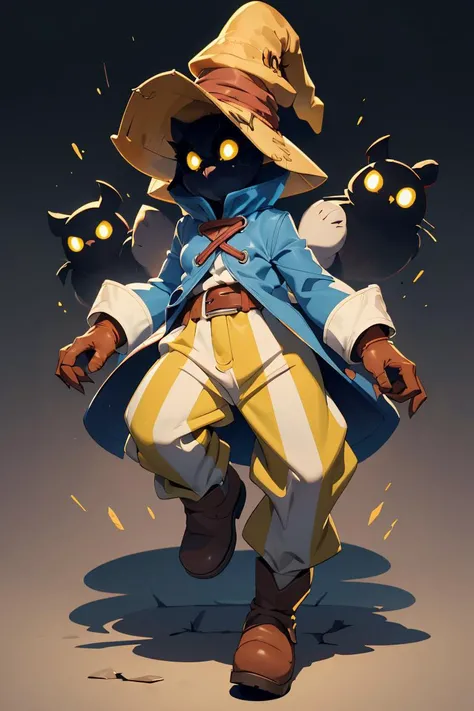 (masterpiece, best quality), 1girl,  <lora:viviornitier-lora-nochekaiser:0.8> vivi ornitier, baggy pants, belt buckle, blue coat, boots, brown footwear, brown gloves, buckle, coat, gloves, hat, hat belt, high collar, pants, striped, striped pants, wizard hat, (yellow eyes:1.5), yellow headwear,