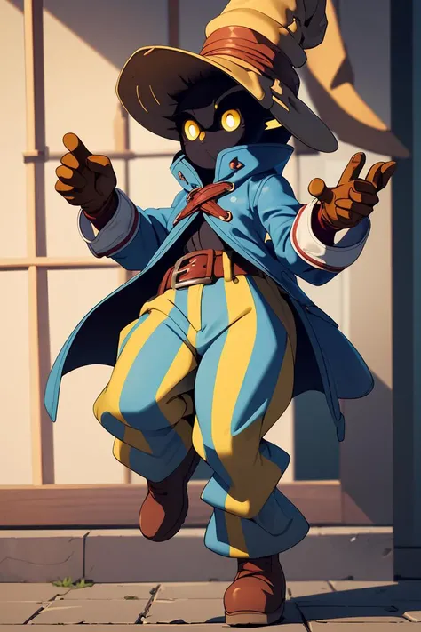 (masterpiece, best quality), 1girl, beautiful face, beautiful body, <lora:viviornitier-lora-nochekaiser:0.8> vivi ornitier, baggy pants, belt buckle, blue coat, boots, brown footwear, brown gloves, buckle, coat, gloves, hat, hat belt, high collar, pants, striped, striped pants, wizard hat, (yellow eyes:1.5), yellow headwear,