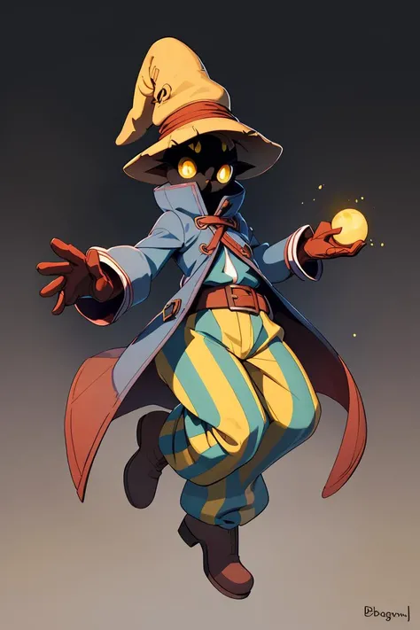 (masterpiece, best quality), 1girl, beautiful face, beautiful body, <lora:viviornitier-lora-nochekaiser:0.8> vivi ornitier, baggy pants, belt buckle, blue coat, boots, brown footwear, brown gloves, buckle, coat, gloves, hat, hat belt, high collar, pants, striped, striped pants, wizard hat, (yellow eyes:1.5), yellow headwear,