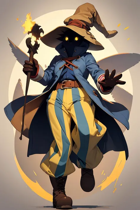 (masterpiece, best quality), 1girl, beautiful face, beautiful body, <lora:viviornitier-lora-nochekaiser:0.8> vivi ornitier, baggy pants, belt buckle, blue coat, boots, brown footwear, brown gloves, buckle, coat, gloves, hat, hat belt, high collar, pants, striped, striped pants, wizard hat, (yellow eyes:1.5), yellow headwear,