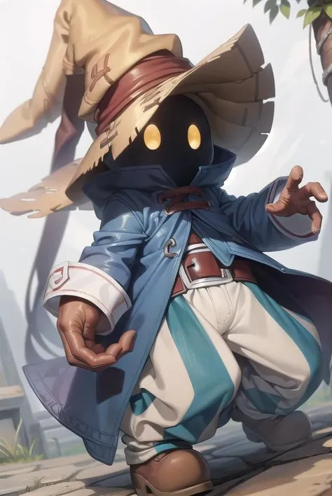 (masterpiece, best quality), 1girl, beautiful face, beautiful body, <lora:viviornitier-lora-nochekaiser:0.8> vivi ornitier, baggy pants, belt buckle, blue coat, boots, brown footwear, brown gloves, buckle, coat, gloves, hat, hat belt, high collar, pants, striped, striped pants, wizard hat, (yellow eyes:1.5), yellow headwear,