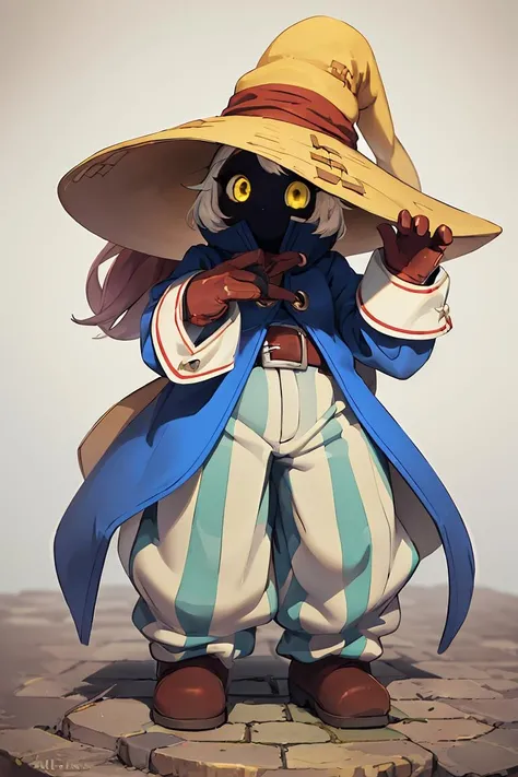(masterpiece, best quality), 1girl, beautiful face, beautiful body, <lora:viviornitier-lora-nochekaiser:0.8> vivi ornitier, baggy pants, belt buckle, blue coat, boots, brown footwear, brown gloves, buckle, coat, gloves, hat, hat belt, high collar, pants, striped, striped pants, wizard hat, (yellow eyes:1.5), yellow headwear,