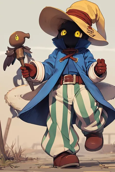 (masterpiece, best quality), 1girl, beautiful face, beautiful body, <lora:viviornitier-lora-nochekaiser:0.8> vivi ornitier, baggy pants, belt buckle, blue coat, boots, brown footwear, brown gloves, buckle, coat, gloves, hat, hat belt, high collar, pants, striped, striped pants, wizard hat, (yellow eyes:1.5), yellow headwear,