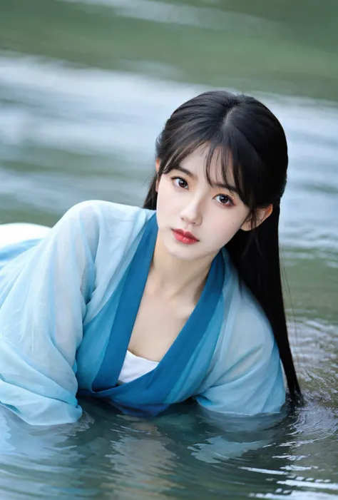 Korean Woman, Virtual YouTube, (Masterpiece, Beautiful People, Crying Eyes), Tears, Sadness, Despair, In the Vast Sea of Wind and Waves, Old Canoe Floating on the Waves, Woman Standing on Canoe, Hair and Clothes Dancing with the Wind, Woman Completely Wet by the Wind and Waves, (Wet: 1.5), (Wet Hair 1.4), (Costume, Light Blue Hanfu, Xiuxian, Hairpin), Camera Shot Ten Meters Away, Full Body Shot, Wide Angle Lens, Detailed Skin Texture, Detailed Cloth Texture, beautifully detailed face, masterpiece, slim waist, slim body.