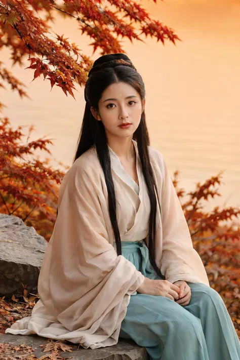 1girl,looking at viewer,full body,long hair,pale_color,slender_waist,(autumn maple forest:1.3),(very few fallen leaves),(path),dusk,ripples,sunset,liquid background,Sputtered water,butterfly_sitting,sitting_on_rock,