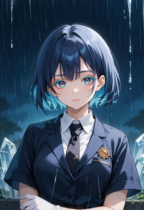 1girl,hskdmnd,crystal hair,colored eyelashes,multicolored hair,short hair,black shirt,puffy short sleeves,collared shirt,black necktie,white elbow gloves,looking at viewer,expressionless,dark background,rain,, cinematic film still,score_9,score_8_up,score_7_up,masterpiece,best quality,8k,source_cartoon,source_anime,