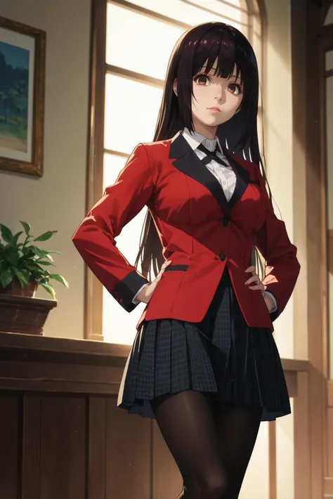 score_9, score_8_up, score_7_up, dramatic lighting, A woman standing with her hands on her hips, one foot slightly forward, looking straight ahead., <lora:Yumeko_Jabami:0.8> 1girl, solo, yumeko, black hair, long hair, bangs, brown eyes, white shirt, collared shirt, red blazer, skirt, pantyhose, big breast, looking at viewer, realistic