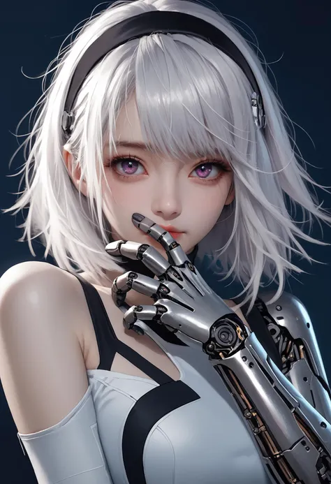 1girl,solo,looking at viewer,medium hair,bangs,hairband,purple eyes,hair ornament,hair between eyes,white hair,fluffy hair,large_breasts,blush shy,shiny_skin,very detailed clothes,very realistic textures,very detailed textures,longeyelashes,brown eye shadow,
night,dim light,cyberpunk,mechanical arm,sci-fi style clothes,hair_tucking,metal material,realistic metallic texture,hands,raise your hand,