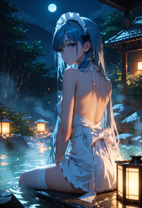 Cute girl wearing maid outfit,white_thighhighs,Low light, night, backlight, moonlight, girl with her back to the audience, very long hair, sitting in a hot spring, hot springs, mist, score_9,score_8_up,score_7_up,masterpiece,best quality,8k,