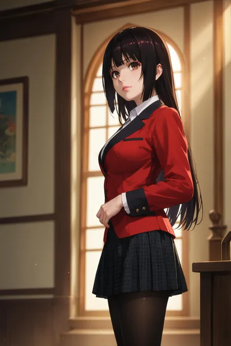 score_9, score_8_up, score_7_up, dramatic lighting, A woman standing with one hand on her hip, the other hand lightly touching her lips., <lora:Yumeko_Jabami:0.8> 1girl, solo, yumeko, black hair, long hair, bangs, brown eyes, white shirt, collared shirt, red blazer, skirt, pantyhose, big breast, looking at viewer, realistic