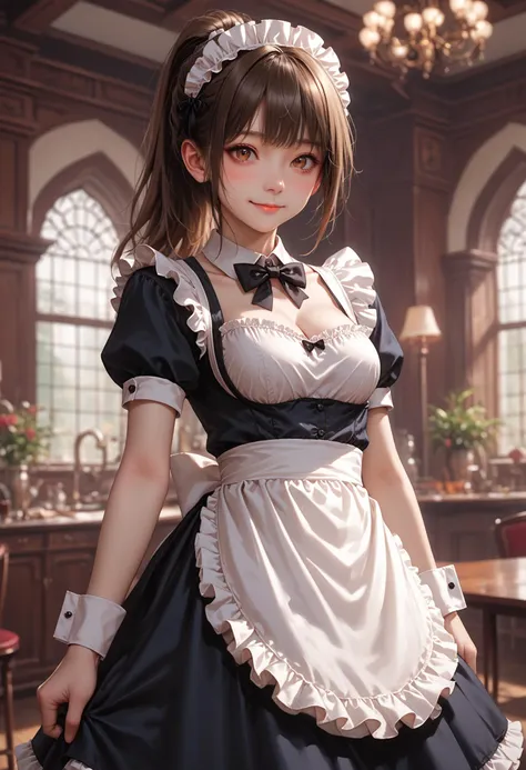 1girl,breasts,solo,maid,smile,cleavage,brown hair,apron,maid headdress,short sleeves,bow,dress,frills,looking at viewer,detached collar,wrist cuffs,brown eyes,bowtie,puffy sleeves,ponytail,puffy short sleeves,blush,indoors,waist apron,white apron,medium breasts,sidelocks,skirt hold,closed mouth,bangs,frilled apron,black bow,black bowtie,black dress,maid apron,long hair,collarbone,cowboy shot,depth of field,
Detailed Background,, cinematic film still,score_9,score_8_up,score_7_up,masterpiece,best quality,8k,source_cartoon,source_anime,