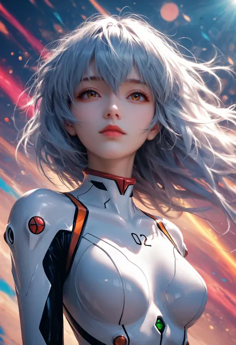 1girl,ayanami rei,neon genesis evangelion,rebuild of evangelion,plugsuit,pilot suit,white bodysuit,looking at viewer,head tilted,light blue long hair,hair blowing in the wind,(colorful flare abstract background:1.3),(intricate details),(dynamic angle),fluffy hair,air bangs,, cinematic film still,score_9,score_8_up,score_7_up,dramatic lighting,(realistic:1.3),highly detailed,high budget,bokeh,cinemascope,moody,epic,gorgeous,film grain,grainy,masterpiece,best quality,perfect anatomy,very aesthetic,official art,8k,