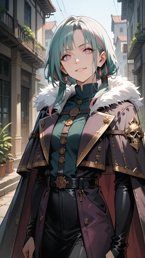 embedding:zPDXL3, score_9, score_8_up, score_7_up, masterpiece, best quality, 8k, source_anime, 1girl, solo, a beautiful and fierce female rogue, chaotic hairstyle with long side fringe, (teal color hair) with pink highlights, bright silver color eyes, sophisticated smirk, wary eyes, skinny fit body, wearing medival leathers, wearing fur trim cloak, red and purple and faded leather aesthetic