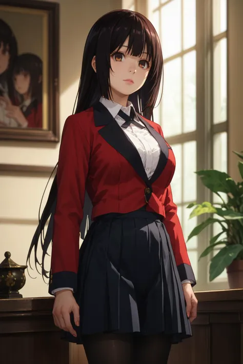 score_9, score_8_up, score_7_up, dramatic lighting, A woman standing with her back to the camera, head turned to the side, hands resting on her lower back., <lora:Yumeko_Jabami:0.8> 1girl, solo, yumeko, black hair, long hair, bangs, brown eyes, white shirt, collared shirt, red blazer, skirt, pantyhose, big breast, looking at viewer, realistic