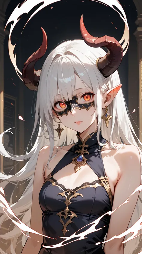 embedding:zPDXL3, score_9, score_8_up, score_7_up, masterpiece, best quality, 8k, source_anime, 1girl, solo, beautiful woman, (demon:1.5), white hair, wearing a Venetian mask, emitting glowing energy, intense gaze, gold, ornate, etching, small breasts, coy expression, extreme closeup