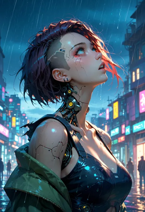 cyberpunk on the streets,mechanical girl looking up at the sky,night,rain,background various damaged robots,, score_9,score_8_up,score_7_up,masterpiece,best quality,8k,