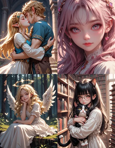 https://civitai.com/articles/5300 ___ All images: score_9, score_8_up, score_7_up ___ 1st image: 1girl, 1boy, Princess_Zelda, \(The_Legend_of_Zelda:_Breath_of_the_Wild\), standing, kiss, hug, closed_eyes ___ 2nd image: 1girl, lovely face, portrait, close-up, looking_at_viewer, closed_mouth ___ 3rd image: 1girl, solo, blonde_hair, wavy_hair, angel, angel_wings, halo, smile, sitting, forest, white_dress ___ 4th Image: 1girl, solo, long_hair, black_hair, blunt_bangs, straight_hair, round_eyewear, cat_girl, cat_ears, cat_tail, standing, hug cat, looking_at_viewer, library