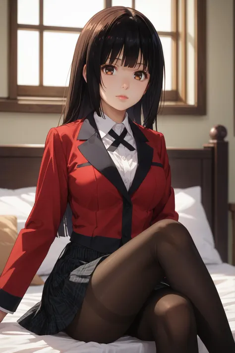 score_9, score_8_up, score_7_up, dramatic lighting, A woman sitting on a bed with one leg bent, the other stretched out, leaning on her hands., <lora:Yumeko_Jabami:0.8> 1girl, solo, yumeko, black hair, long hair, bangs, brown eyes, white shirt, collared shirt, red blazer, skirt, pantyhose, big breast, looking at viewer, realistic