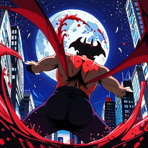 DZVZVZ,score_9,score_8_up,score_7_up,score_6_up,source_anime,solo,1boy,MCDevil,(masterpiece),(best quality),ink splashes,silhouette art,ultra highres,absurdres,red and black,fighting pose,
back view,fighting pose,from front,devilman,Baring his fangs,howling,background:buildings,cowboyshot,<lora:Silhouette:0.8>,silhouette,light particles,moon,<lora:SDXL-DZVZVZ-V4B-ND50-dco2-WD05-SWN2-MSG5-4B128R64A-1024-LOCON-PONY-E22:1>,DZVZVZ,devil wings,red sings,Hairy,hair is standing up,(feathers:1.3),bat-like wings,midnight,low angle,from below,howling at the moon,