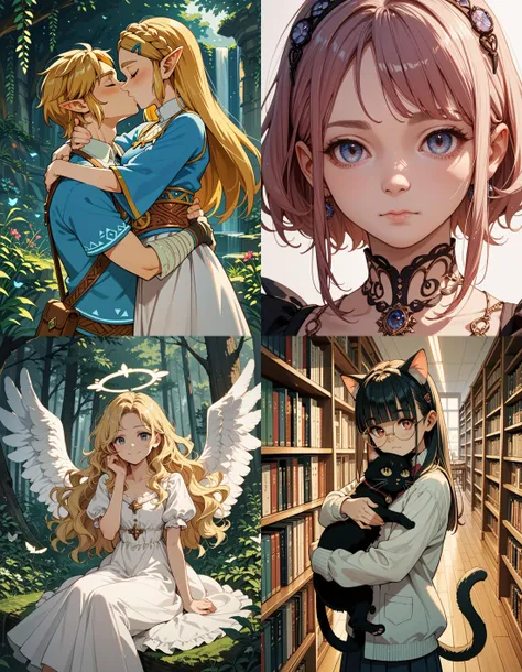 https://civitai.com/articles/5300 ___ All images: score_9, score_8_up, score_7_up ___ 1st image: 1girl, 1boy, Princess_Zelda, \(The_Legend_of_Zelda:_Breath_of_the_Wild\), standing, kiss, hug, closed_eyes ___ 2nd image: 1girl, lovely face, portrait, close-up, looking_at_viewer, closed_mouth ___ 3rd image: 1girl, solo, blonde_hair, wavy_hair, angel, angel_wings, halo, smile, sitting, forest, white_dress ___ 4th Image: 1girl, solo, long_hair, black_hair, blunt_bangs, straight_hair, round_eyewear, cat_girl, cat_ears, cat_tail, standing, hug cat, looking_at_viewer, library